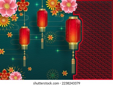 Happy China Lantern Festival, Chinese lanterns with gold paper cut art and craft style on color background with pink plum blossom flowers and asian elements (translate : Happy Lantern Festival)