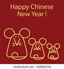 Happy Chinas New Year. Vector illustration of a holiday. Cute mouse on red background. Line style.