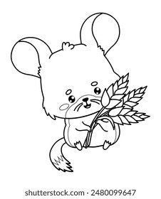 Happy chinchilla with ears of wheat. Outline cartoon kawaii rodent character. Line drawing, coloring book. Vector illustration. Kids collection