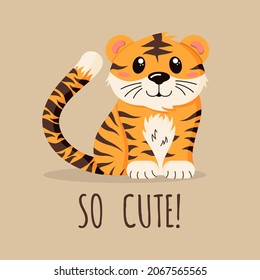 Happy Chines tiger, asian new year, wild animal in a flat style isolated on a beige background. . Vector illustration