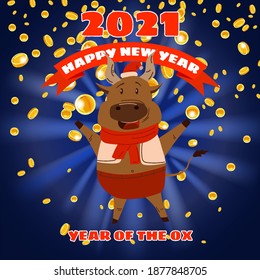 Happy Chinese 2021 new year greeting card. Year of the ox. Cute bull and gold money. Chinese zodiac symbol traditional holidays cartoon character. Background gold falling coins. Vector illustration