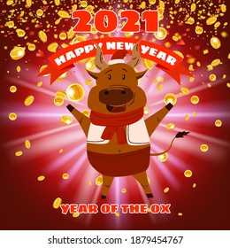 Happy Chinese 2021 new year greeting card. Year of the ox. Cute bull and gold money. Chinese zodiac symbol traditional holidays cartoon character. Background gold falling coins. Vector illustration