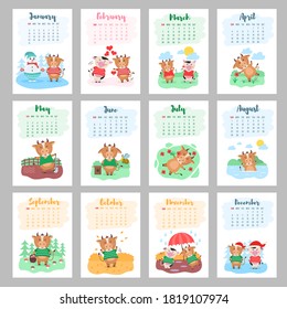 Happy Chinese 2021 year calendar template design with cute cow. 2021 calendar design with bull with hobbies in different seasons of the year. Set of 12 months. Year of the bull. Vector illustration.