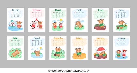 Happy Chinese 2021 year calendar template design with cute cow. 2021 calendar design with bull with hobbies in different seasons of the year. Set of 12 months. Year of the bull. Vector illustration.