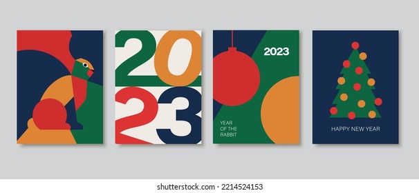 Happy Chinese 2023 New Year abstract geometric card design. Modern flat minimalist style. Merry Christmas invitation, poster, greeting card.