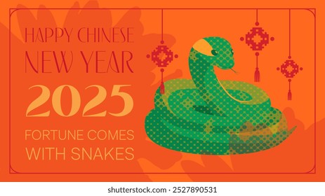 Banner do site do ano novo 2025 chinês feliz em cores laranja, verde, vermelho e amarelo, com uma cobra bonitinha, texto, crisântemos e decorações folclóricas. Ilustração vetorial editável.