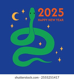 Happy chinese 2025 new year greeting card with snake, moon and stars. Vector flat illustration of mystical fantasy asian reptile. Lunar new year zodiac symbol