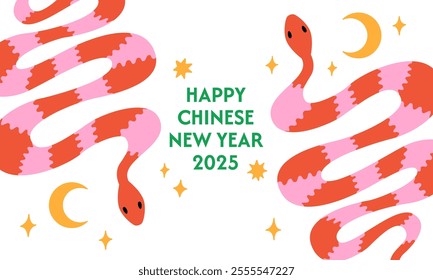 Happy chinese 2025 new year greeting card with snakes. Vector flat illustration of fantasy reptiles. Zodiac symbol of lunar new year