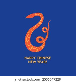 Happy chinese 2025 new year greeting card with snake. Vector flat illustration of fantasy reptile. Zodiac symbol of lunar new year