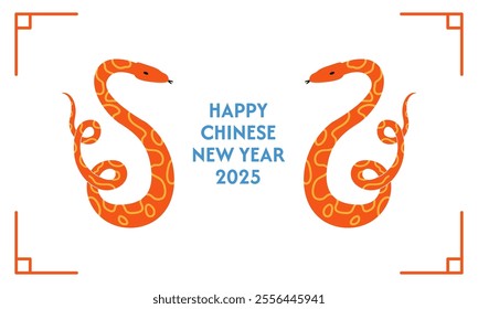 Happy chinese 2025 new year greeting card with snakes. Vector flat illustration of fantasy reptiles. Zodiac symbol of lunar new year