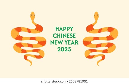 Happy chinese 2025 new year greeting card with snakes. Vector flat illustration of fantasy reptiles. Zodiac symbol of lunar new year