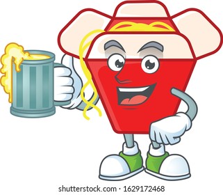 Happy chinese box noodle mascot design with a big glass