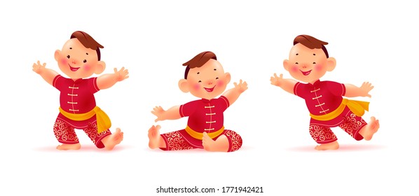 Happy chinese boy character in traditional hanfu suit collection isolated on white background. Chinese new year congratulation, celebration mascot sit, dance, greeting. Vector realistic illustration.