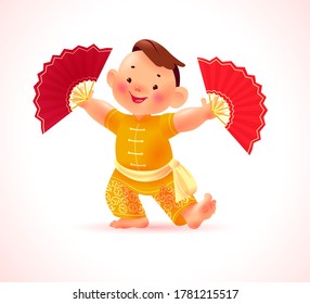 Happy chinese boy character in traditional hanfu suit with red fan isolated on white background. Happy chinese new year congratulation, celebration mascot dance greeting. Vector realistic illustration