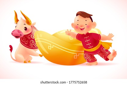 Happy chinese bull mascot and boy character in traditional hanfu suit with gold ingot isolated on white background. Chinese new year congratulation celebration greeting. Vector realistic illustration.