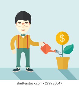 A happy chinese business person watering a growing plant with money flower. Growing business concept. A contemporary style with pastel palette soft blue tinted background. Vector flat design