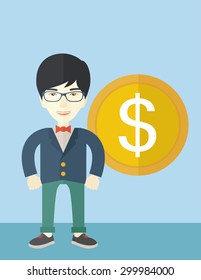 A happy chinese businessman standing with a big dollar coin beside him as a sign of his success in business. Business growth concept.  A Contemporary style with pastel palette, soft blue tinted