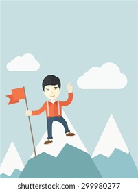 A happy chinese businessman standing on the top of a mountain with snow holding a red flag. Cheerful, winner and leader concept. A Contemporary style with pastel palette, soft blue tinted background