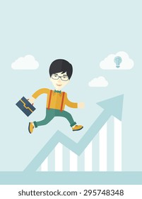 A happy chinese career guy running going to a graph arrow up and have a brilliant idea on how to achieve his goal. Business progress concept. A contemporary style with pastel palette soft blue tinted
