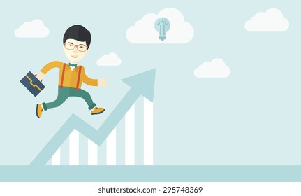 A happy chinese career guy running going to a graph arrow up and have a brilliant idea on how to achieve his goal. Business progress concept. A contemporary style with pastel palette soft blue tinted