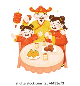 Happy Chinese family enjoying traditional dishes, Family togetherness moment enjoying Chinese New Year, Vector illustration