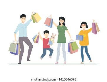 Happy Chinese family enjoys shopping - cartoon people characters illustration on white background. Smiling parents with children, teenagers carrying bags, presents, jumping with joy, waving hands