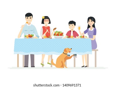 Happy Chinese Family Having Dinner Together - Modern Cartoon People Characters Illustration On White Background. Young Parents With Two Children Sitting At The Table, Eating Salad, Healthy Food