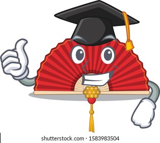 happy chinese folding fan wearing a black Graduation hat