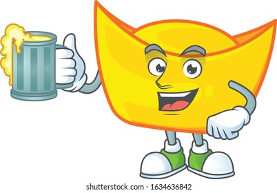 Happy chinese gold ingot mascot design with a big glass