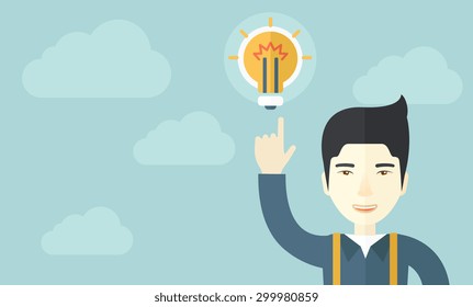 A happy chinese guy raising his hand pointing the bulb having a good idea for business. Business concept. A Contemporary style with pastel palette, soft blue tinted background with desaturated clouds