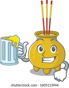 Happy chinese incense mascot design with a big glass