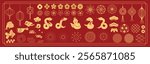 Happy Chinese and Japanese New Year 2025 Icons vector set. Koi carp fish, snake, flower, pattern, cloud, lantern, firework, coin. Oriental Icons of Asian Lunar New Year holiday decoration vector.