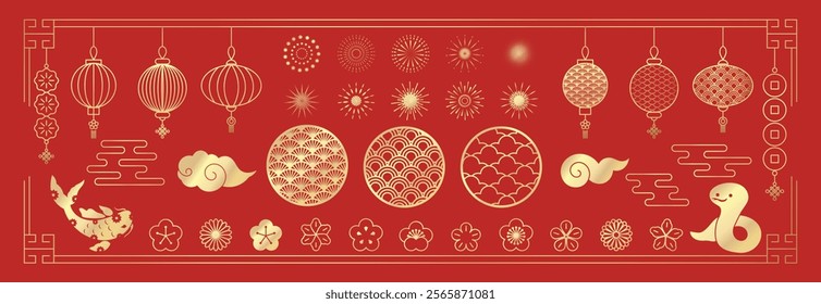 Happy Chinese and Japanese New Year 2025 Icons vector set. Koi carp fish, snake, flower, pattern, cloud, lantern, firework, coin. Oriental Icons of Asian Lunar New Year holiday decoration vector.