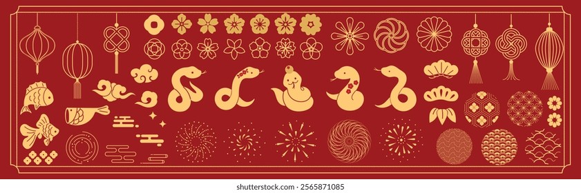 Happy Chinese and Japanese New Year 2025 Icons vector set. Koi carp fish, snake, flower, pattern, cloud, lantern, firework, coin. Oriental Icons of Asian Lunar New Year holiday decoration vector.