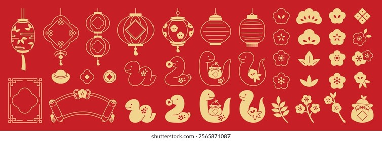 Happy Chinese and Japanese New Year 2025 Icons vector set. Cherry blossom flower branch, snake, flower, banner, lantern, firework. Oriental Icons of Asian Lunar New Year holiday decoration vector.