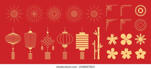 Happy Chinese and Japanese New Year 2025 element vector set. Chinese Lanterns, firework, bamboo, coin, cherry blossom flower, corner. Oriental Icons of Asian Lunar New Year holiday decoration vector.