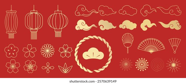 Happy Chinese and Japanese New Year 2025 element vector set. Chinese Lanterns, firework, cloud, coin, cherry blossom flower. Oriental Icons of Asian Lunar New Year holiday decoration vector.