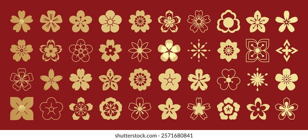 Happy Chinese and Japanese New Year 2025 Icons vector set. Cherry blossom flower different. Oriental Icons of Asian Lunar New Year holiday decoration vector.