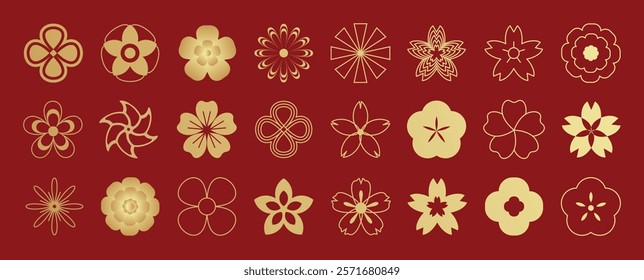 Happy Chinese and Japanese New Year 2025 Icons vector set. Cherry blossom flower different. Oriental Icons of Asian Lunar New Year holiday decoration vector.