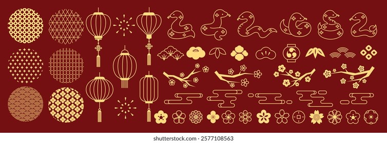 Happy Chinese and Japanese New Year 2025 Icons vector set. Cherry blossom flower branch, snake, flower, pattern, lantern, firework. Oriental Icons of Asian Lunar New Year holiday decoration vector.