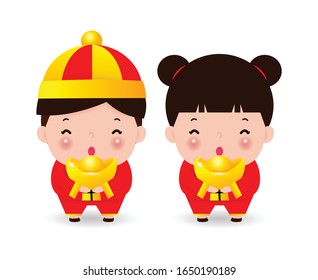 Happy Chinese Kids holding Chinese gold, Happy Chinese new year, boy and girl in chinese costume, children Cartoon vector illustration isolated on white background.