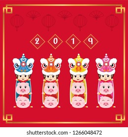 Happy Chinese kids new year on red background