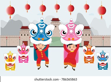 Happy Chinese. Kids Playing Chinese Lion Dancing