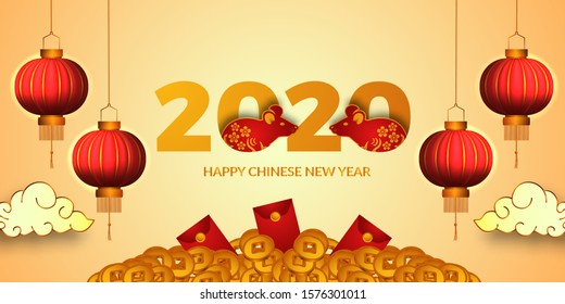 happy chinese lunar 2020 year or rat or mouse. hanging 3D traditional red lantern. illustration of rat. golden coin money symbol of luck with red envelope