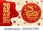 Happy Chinese lunar new year banner with golden snake and Asian flowers. Vector Cny 2025 greeting card with gold reptile snake inside red circular emblem, surrounded by floral motifs, clouds and coins