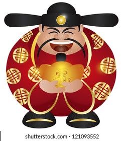 Happy Chinese Lunar New Year Prosperity Money God Holding Gold Bar Illustration Isolated on White Background Vector