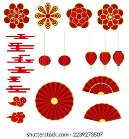 Happy Chinese Lunar New Year 2023 set. Rabbit year set decor elements. Suitable for concept holiday card, banner, poster, flyer. Vector illustration.
