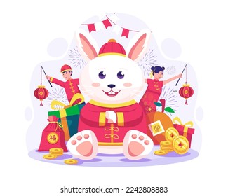 Happy Chinese Lunar new year with Two Kids holding lanterns and a giant Rabbit doing fist and palm greeting salute gestures. Vector illustration in flat style