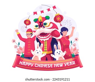 Happy Chinese Lunar New Year with Asian People celebrate the new year with a Lion dance, cute rabbits, hanging lanterns, and decorations. Vector illustration