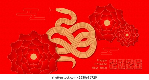 Feliz año Nuevo lunar chino 2025 Anuncio con serpiente dorada, flores orientales y Elementos asiáticos. Ilustración vectorial de serpiente cortada en papel. Festiva de primavera. Fondo rojo.